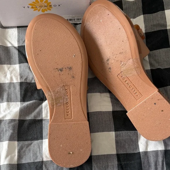 Yellow Box Peachy Tan Slide Sandals with Tortoiseshell Chain - Picture 2 of 4